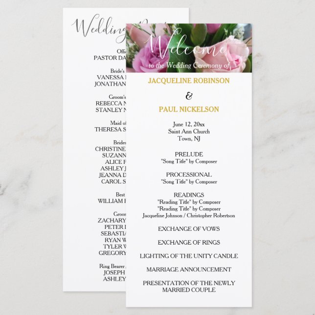 Wedding Program Pink Roses Gold NAMES Programme (Front/Back)