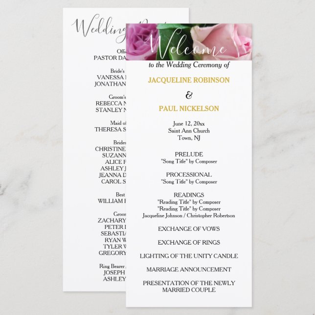Wedding Program Pink Roses Gold Programme (Front/Back)