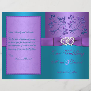 Wedding Program   Purple, Turquoise Floral Hearts