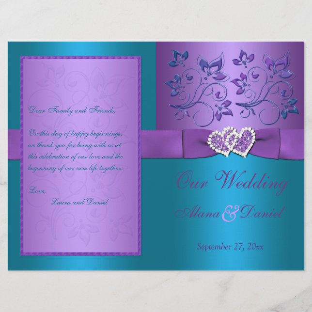 Wedding Program | Purple, Turquoise Floral Hearts (Front)