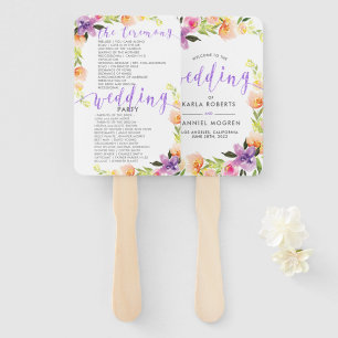 Wedding Program-Purple Typography & Flowers Frame Hand Fan