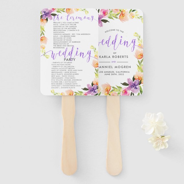 Wedding Program-Purple Typography & Flowers Frame Hand Fan (Front and Back)