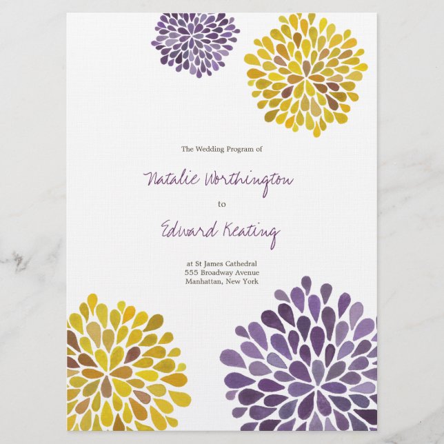 Wedding Program Purple Yellow Flower Blooms Programme (Front)