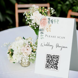 Wedding program QR code blush floral eucalyptus