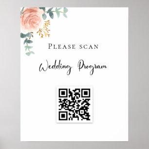 Wedding program QR code blush floral eucalyptus Poster