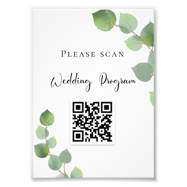 Wedding program QR code eucalyptus greenery Photo Print (Front)