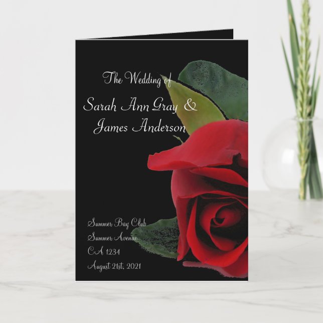 Wedding program red rose on black exotic card (Front)