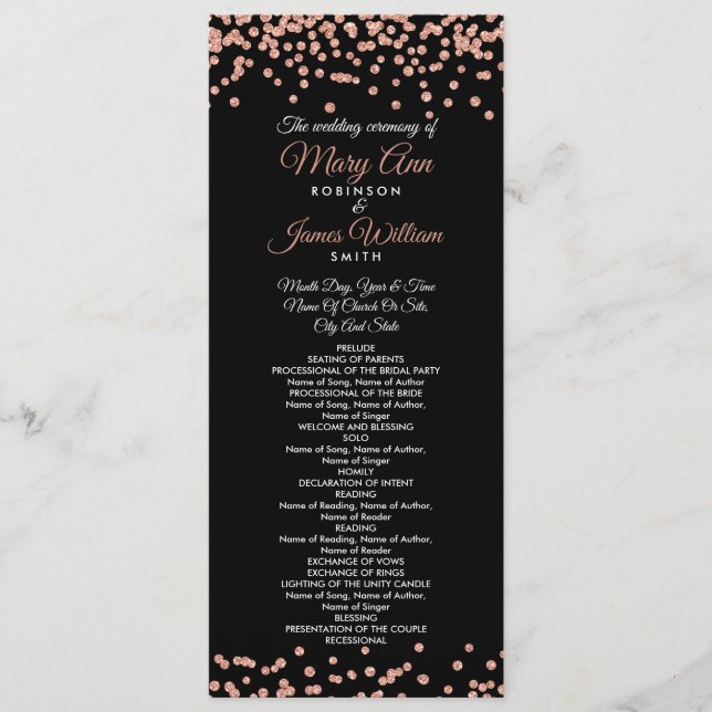 Wedding Program Rose Gold Glitter Confetti Black Programme (Front)
