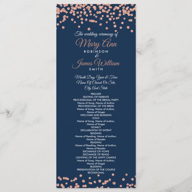 Wedding Program Rose Gold Glitter Confetti Navy Programme (Front)