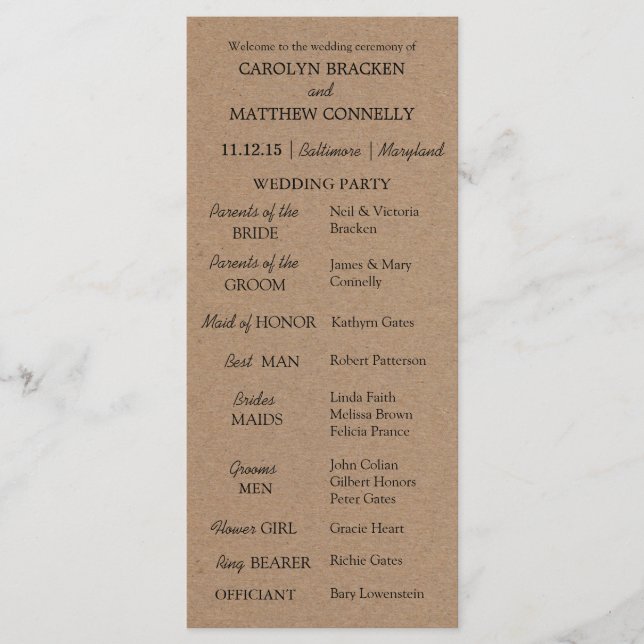 Wedding Program | Rustic Kraft Paper Programme (Front)