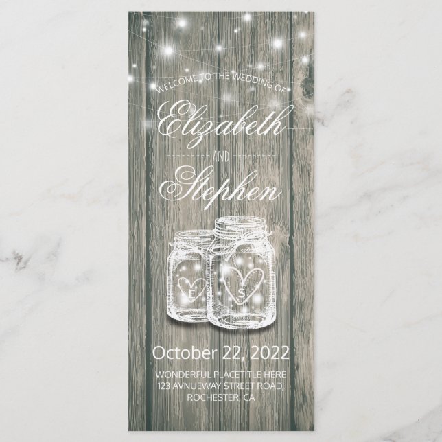 Wedding Program Rustic Wood Mason Jar String Light Programme (Front)