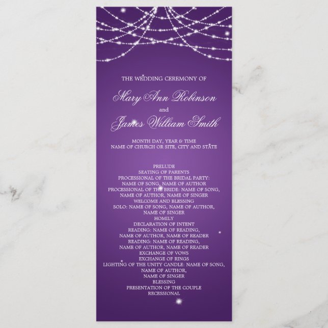 Wedding Program Sparkling String Purple Programme (Front)