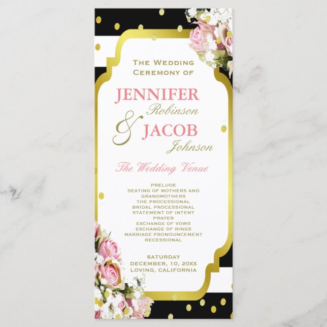 Wedding Program | Stripes, Roses, Gold Confetti Programme (Front)