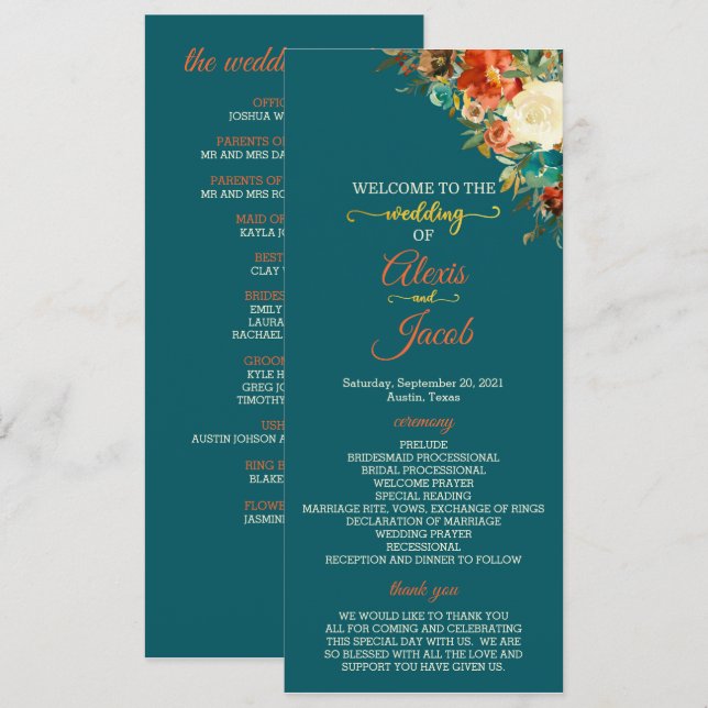 Wedding Program - Teal & Orange Floral Invitation (Front/Back)