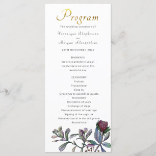 Wedding program tropical leaf gold script floral programme