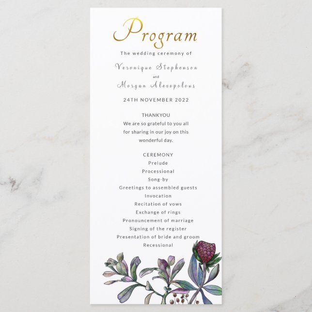 Wedding program tropical leaf gold script floral programme (Front)