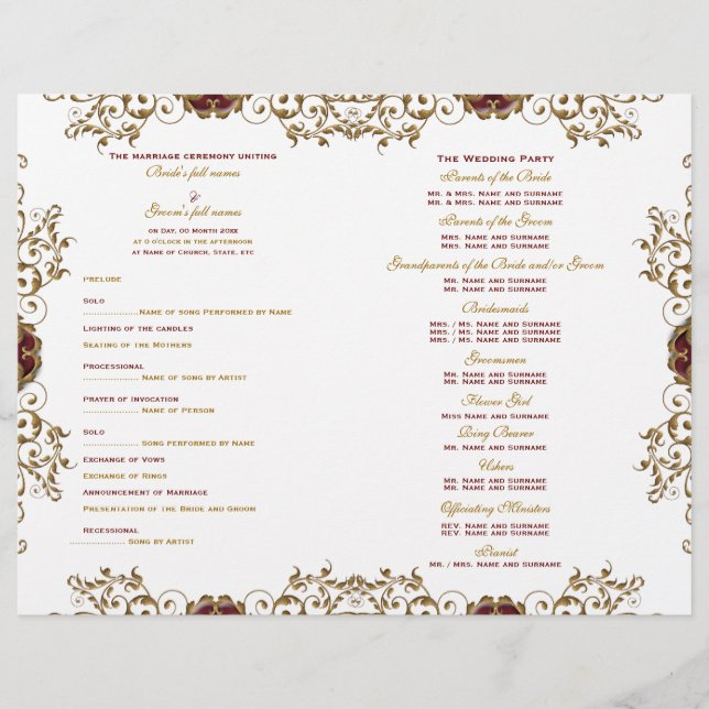 "Wedding program" vintage burgundy gold (Front)