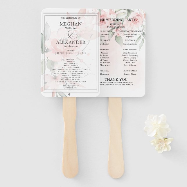 Wedding Program | Watercolor Blush Pink Floral Hand Fan (Front and Back)