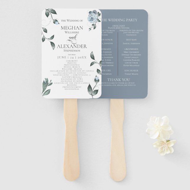 Wedding Program | Watercolor Dusty Blue Floral Hand Fan (Front and Back)