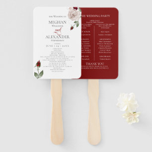 Wedding Program Watercolor Dusty Blush Wine Rose Hand Fan