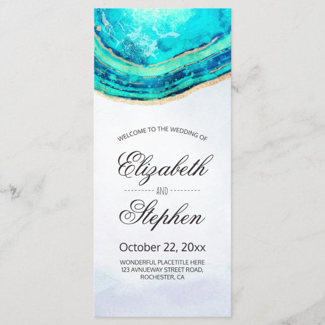 Wedding Program Watercolor Teal & Gold Agate Geode Programme (Front)
