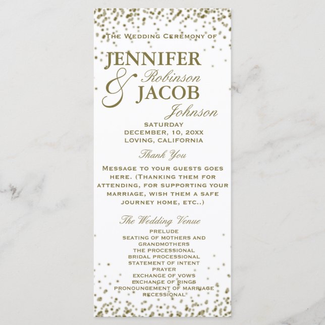Wedding Program | White and Gold Confetti Programme (Front)