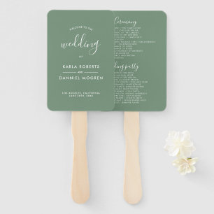 Wedding Program- White Calligraphy On Sage Green Hand Fan