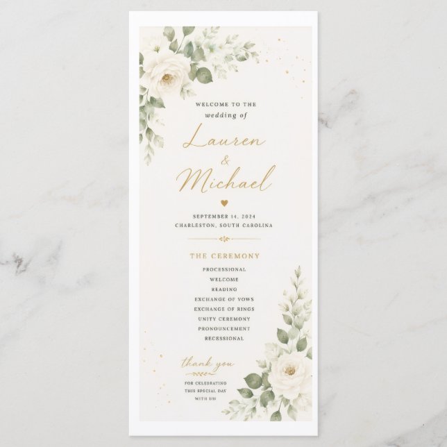 Wedding Program with White Roses Programme (Front)