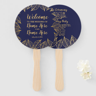 Wedding Programme Fan Navy Gold Wedding Leaf