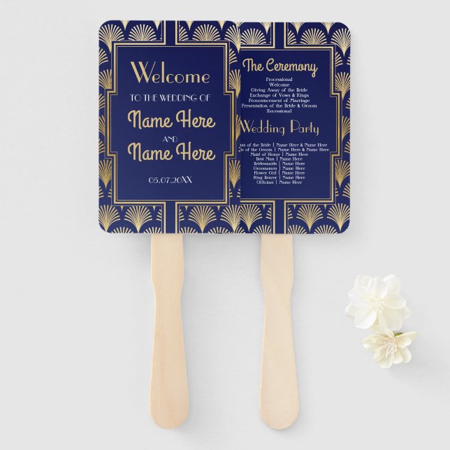 Wedding Programme Hand Fan 1920's Twenties Gold (Front and Back)