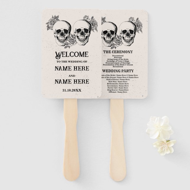 Wedding Programme Hand Fan Halloween Gothic Skull (Front and Back)