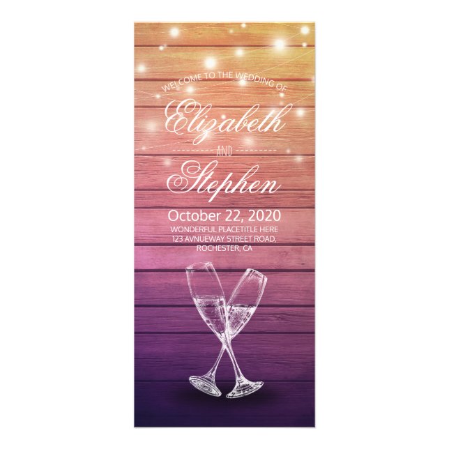 Wedding Programs Card Champagne Glasses Wood Light (Front)