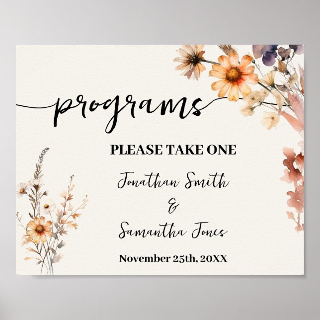 Wedding Programs Ceremony Autumn Wildflowers Sign (Front)