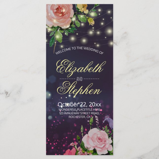 Wedding Programs Chic Floral Purple String Lights Programme (Front)