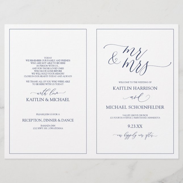 Wedding Programs Elegant Skinny Script Navy Blue (Front)