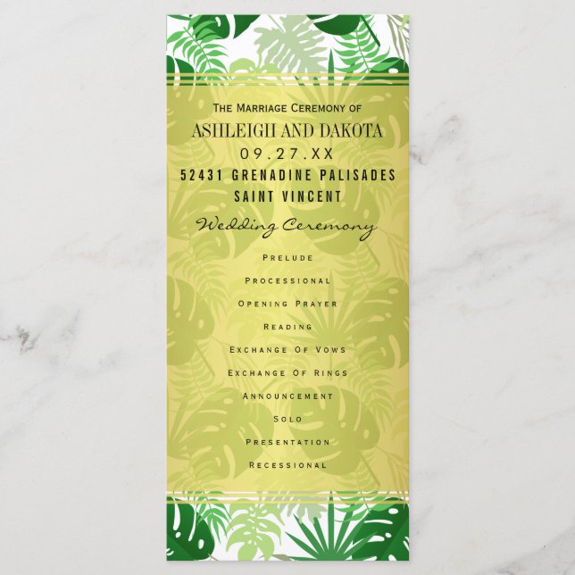 Wedding Programs | Exotic Green Tropical Leaves Programme (Front)