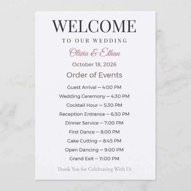Wedding Programs Flat Ceremony Elegant Keepsake Programme (Front)