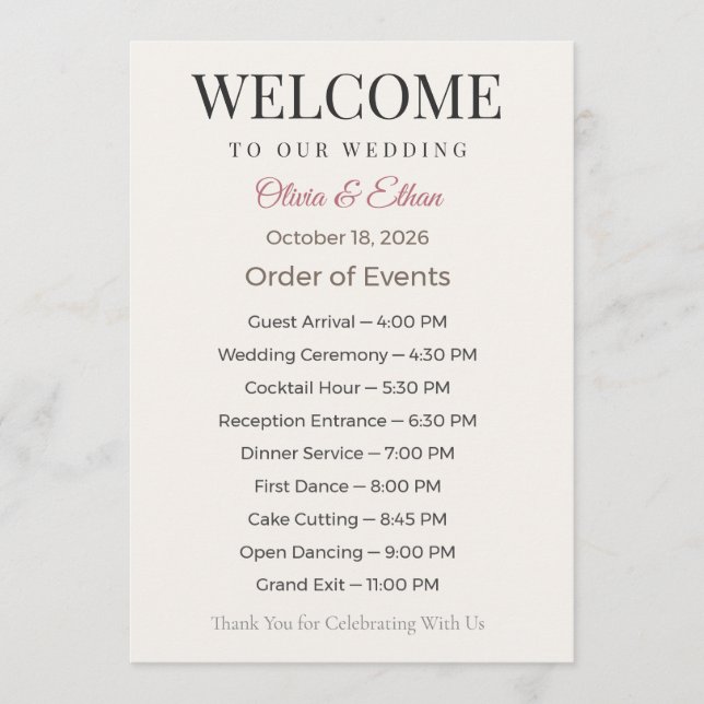 Wedding Programs Flat Ceremony Elegant Keepsake Programme (Front)