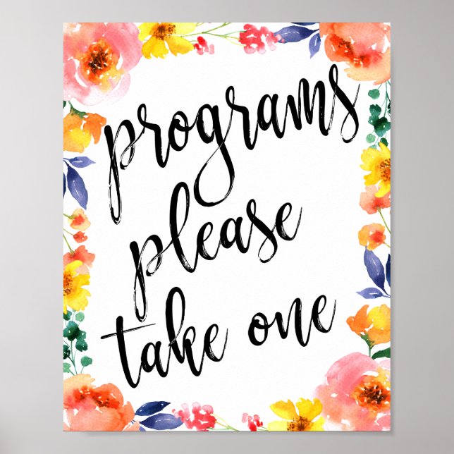 Wedding Programs Floral Watercolor 8x10 Sign (Front)