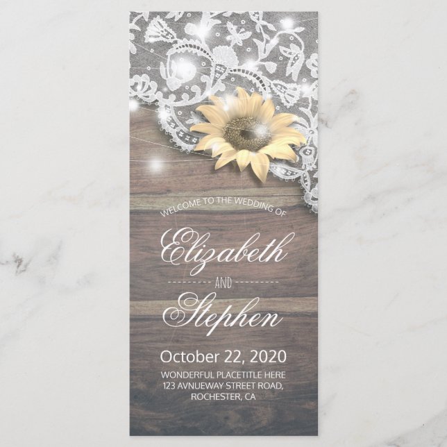 Wedding Programs Lace Sunflower Rustic Wood Lights Programme (Front)