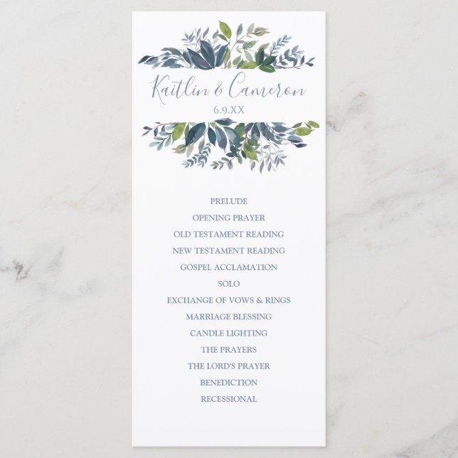 Wedding Programs - Painted Greenery (Dusty Blue) Programme (Front)