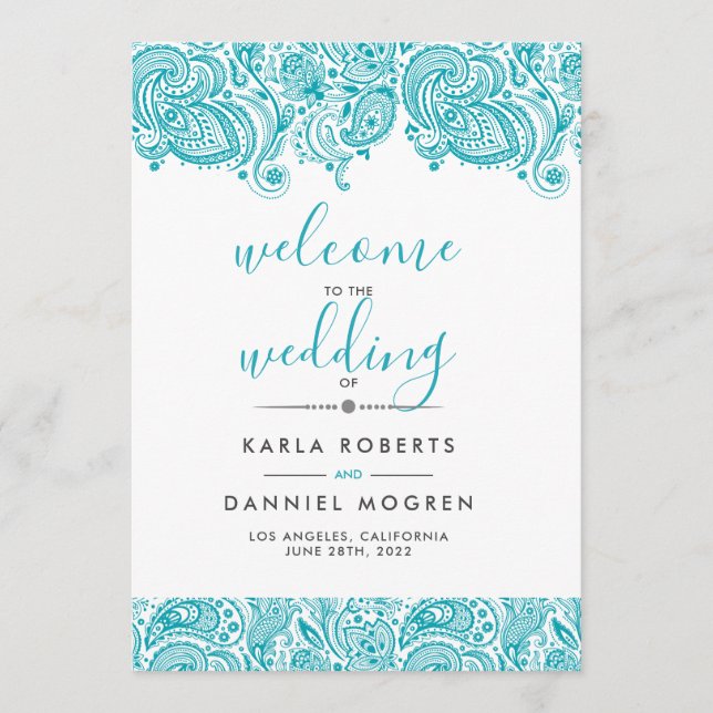 Wedding programs turquoise-blue paisley lace programme (Front)