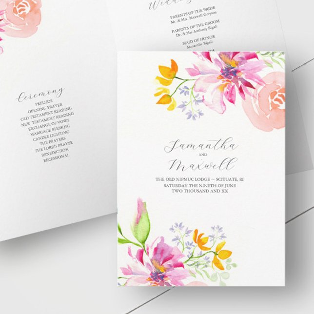 Wedding Programs Watercolor Floral Folded Programme (Folded wedding programs unique pink watercolor floral art by Victoria Grigaliunas of Do Tell A Belle)