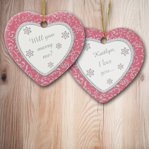 Wedding Proposal Pink Damask Faux Diamond Ceramic Tree Decoration