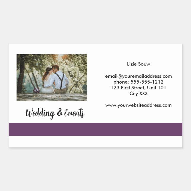 Wedding purple and white rectangular sticker (Front)