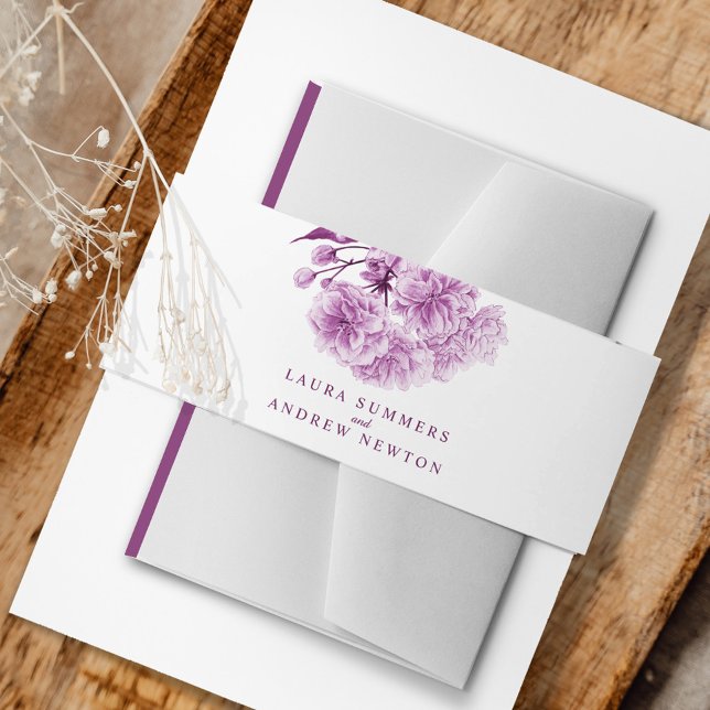 Wedding purple cherry blossom watercolor custom invitation belly band (Creator Uploaded)