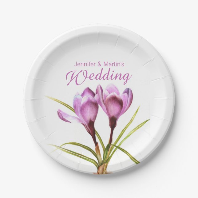 Wedding purple crocus art named paper plate (Front)