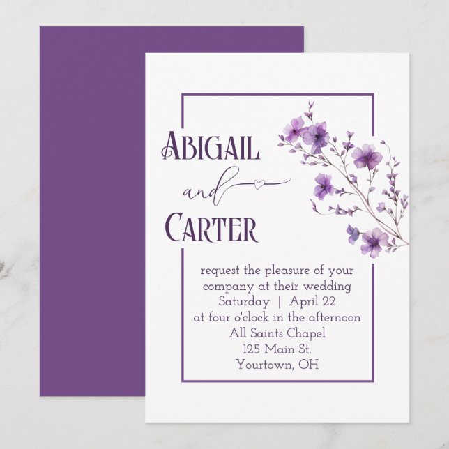Wedding Purple Floral Frame On White Invitation (Front/Back)
