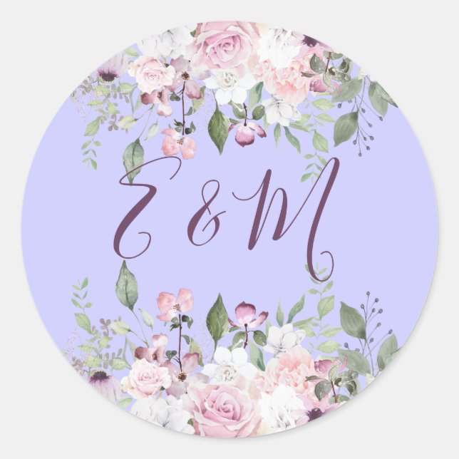 Wedding Purple Floral Monogram Summer  Classic Round Sticker (Front)