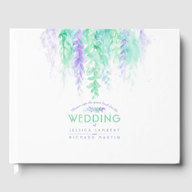 Wedding purple green flower cascade guestbook (Front)